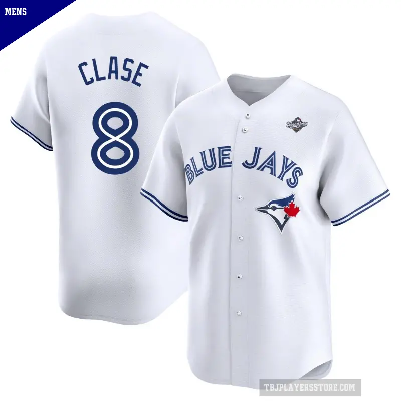 Men's No.8 Jonatan Clase Toronto Blue Jays White Limited Home 2025 World Series Jersey