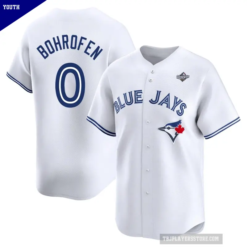Youth No.0 Jace Bohrofen Toronto Blue Jays White Limited Home 2025 World Series Jersey