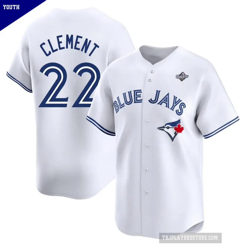Youth No.22 Ernie Clement Toronto Blue Jays White Limited Home 2025 World Series Jersey