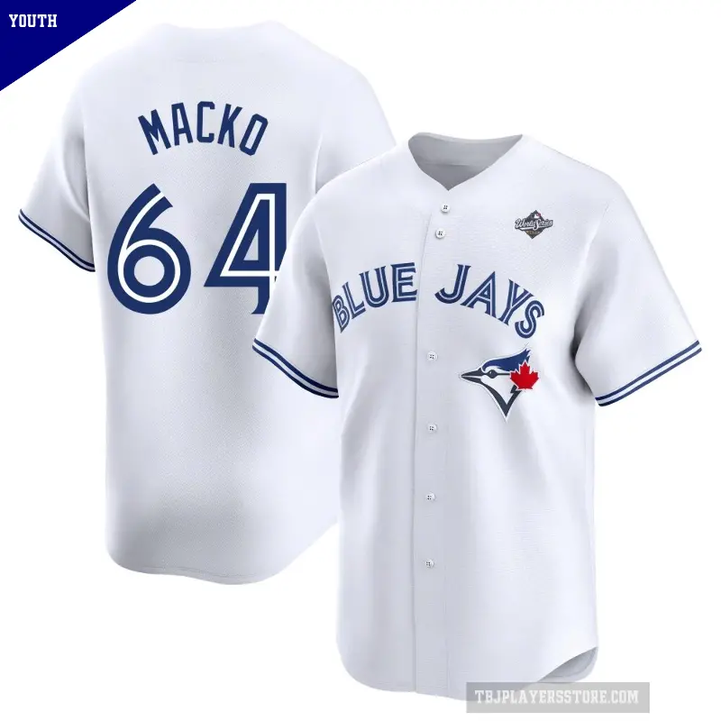 Youth No.64 Adam Macko Toronto Blue Jays White Limited Home 2025 World Series Jersey